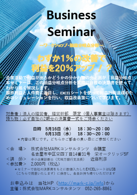 ～ワークショップ・損益分岐点分析～　わずか1％の改善で利益を20％アップ！？